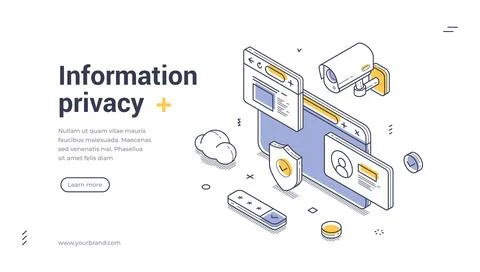 Promoting information privacy with isometric design in a web banner template Illustrazione stock