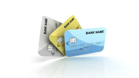 A promotion 3d rendering of three credit cards of golden, blue, and grey colo Stock Illustration