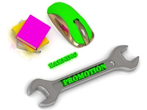 PROMOTION  bright volume letter on silver instrument, textbooks and computer Stock Illustration