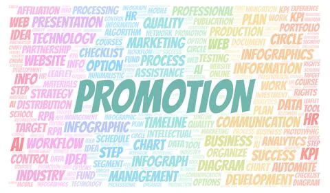 Promotion typography word cloud create with the text only. Illustrazione stock