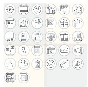 Promotion Vector Icon Repository containing 32 Thin Line Retina Ready Pixel.. Stock Illustration