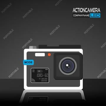 Promotion vector poster of action camera with white body and blue button of m Stock Illustration