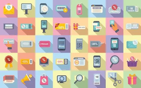 Promotional code icons set flat vector. Discount percent Illustrazione stock