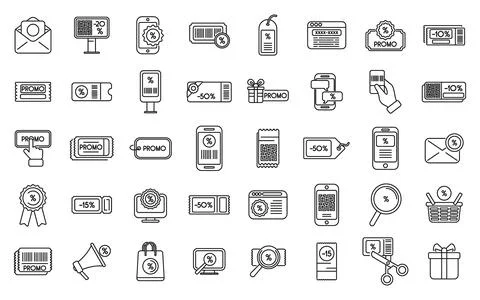 Promotional code icons set outline vector. Discount percent Illustrazione stock
