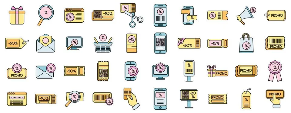 Promotional code icons set vector color line Illustrazione stock