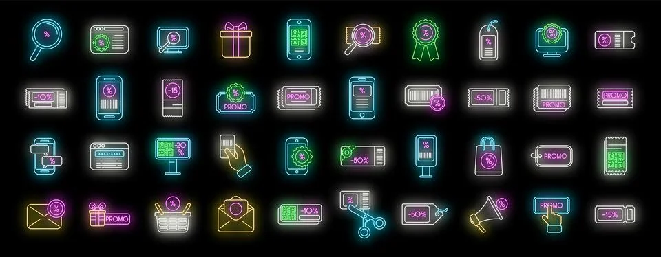 Promotional code icons set vector neon 库存插图