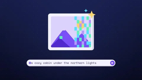 Prompt bar typing a request and a mountain picture assembling from colorful Видео 348702614