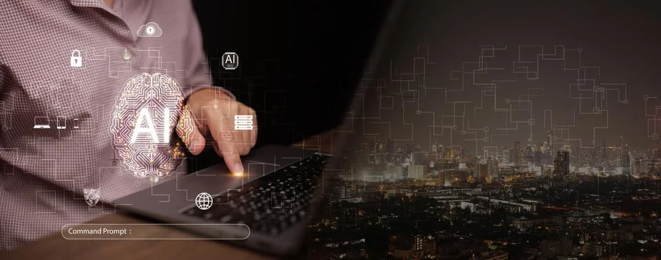 Prompt engineer using artificial intelligence on a laptop, interacting with.. Stock Photos