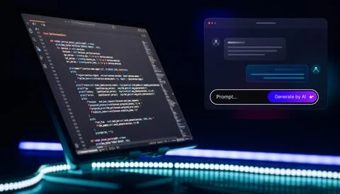 Prompt engineering and software development concept. Modern workspace with sc 스톡 사진