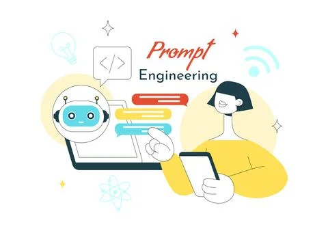 Prompt Engineering Illustration Featuring AI Chatbot Interaction, Coding In.. Illustrazione stock
