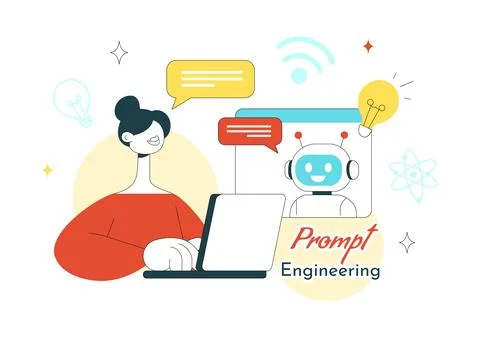 Prompt Engineering Illustration Featuring AI Chatbot Interaction, Coding In.. Stock Illustration