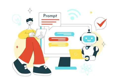 Prompt Engineering Illustration Featuring AI Chatbot Interaction, Coding In.. Stock Illustration