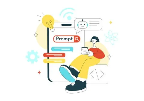 Prompt Engineering Illustration Featuring AI Chatbot Interaction, Coding In.. Stock Illustration