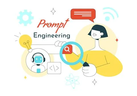 Prompt Engineering Illustration Featuring AI Chatbot Interaction, Coding In.. Illustrazione stock