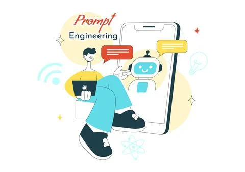 Prompt Engineering Illustration Featuring AI Chatbot Interaction, Coding In.. Stock Illustration