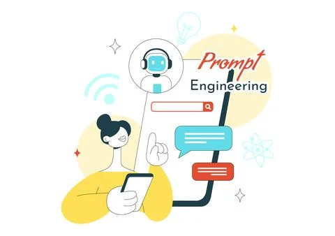 Prompt Engineering Illustration Featuring AI Chatbot Interaction, Coding In.. Illustrazione stock