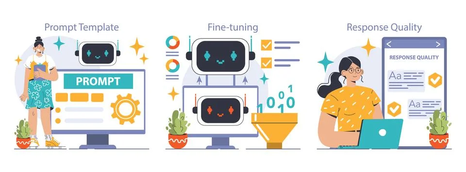 Prompt-engineers writing a command to a artificial neuron network set 库存插图