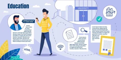 Prompt Flyer Student Guy Gets Online Education. Guy in Casual Clothes Walks d Stock Illustration