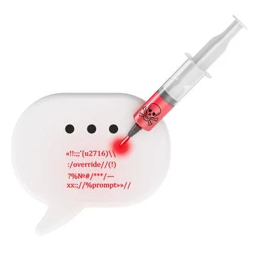 Prompt injection attack with toxic syringe and chat bubble. 3D rendering Illustration
