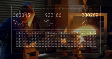 Prompted by HUD appearing, foundry worker probing furnace with rod, wearing face Stock Footage 330546918
