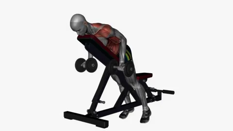 Prone bench row dumbbells supinated grip fitness exercise workout animation male Видео 243984217
