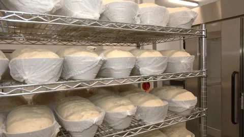 Proofed Bread Dough in Cloth-Lined Baskets on Bakery Rack Stock Footage 346472740