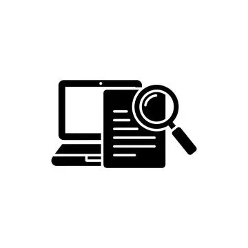 Proofreading document with magnifier laptop remote work editing icon Stock Illustration