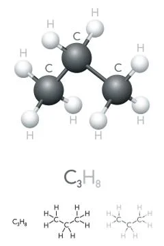 Propane, C3H8, molecule model and chemical formula Stock Illustration