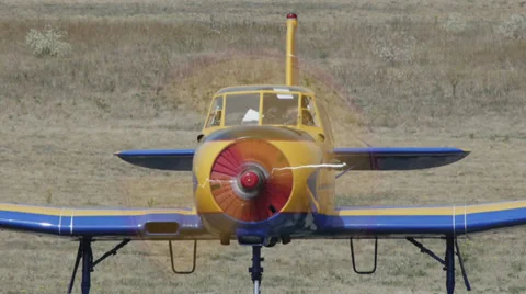 Propeler working on the bow of Yakovlev Yak-52 aircraft Stock Footage 38571940