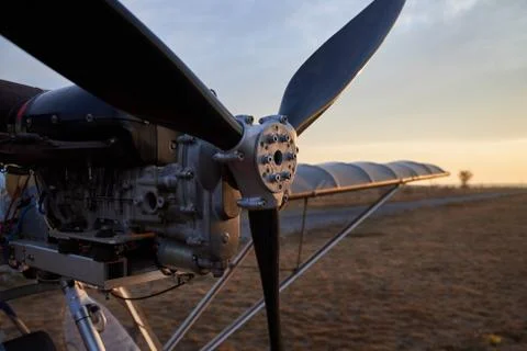Propeller and internal combustion engine of an ultralight aircraft, close-up Stock Photos