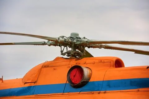 Propeller from a helicopter close-up on a background of gray sky. Stock Photos