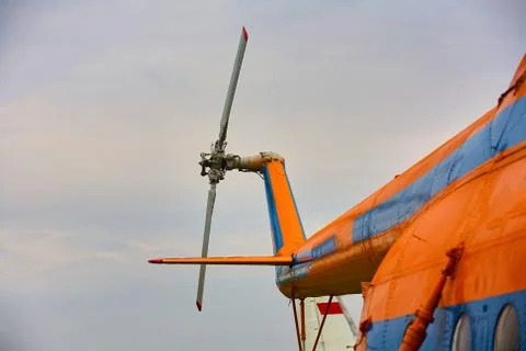 Propeller from a helicopter close-up on a background of gray sky. Stock Photos