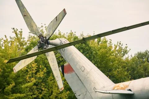Propeller from a helicopter close-up on a background of gray sky. Color tonin Stock Photos