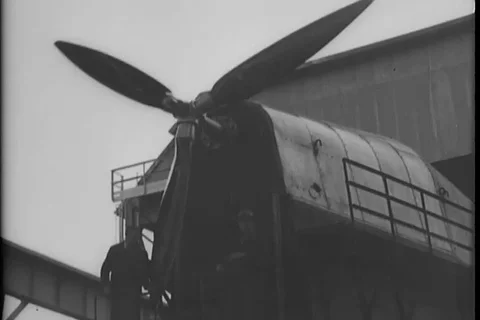 Propeller test stand showing huge propeller undergoing test - 1944 Stock Footage 103732380