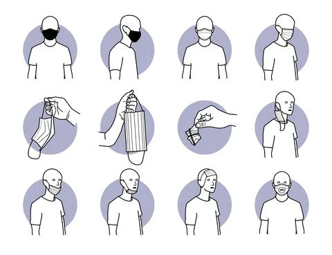 Proper and improper way of wearing surgical mask for virus protection. Vector Stock Illustration