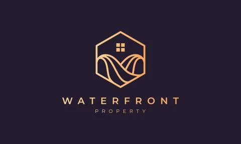 Property agent logo with a hexagon base shape with ocean wave and window Stock Illustration