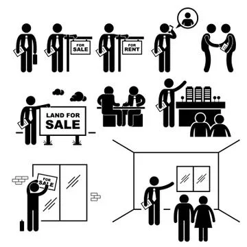 Property Agent Real Estate Client Customer Stick Figure Pictogram Icon Stock-Illustration