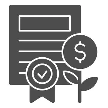 Property certificate solid icon. Share document and coin plant with award symbol Illustrazione stock