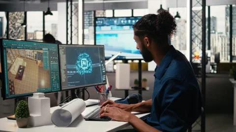 Property developer analyzing real estate projects with AI driven data science Stock Footage 316647398