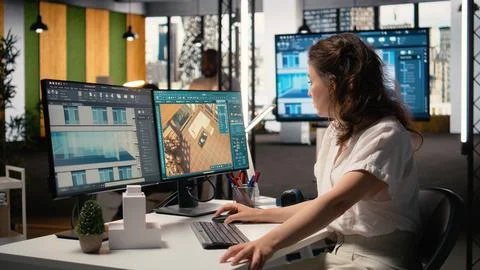 Property developer analyzing real estate blueprints and infrastructure design Foto stock