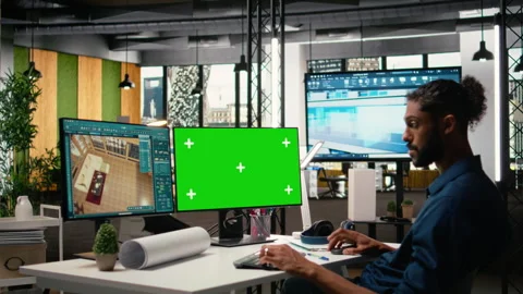 Property developer reviewing architectural blueprints with green screen Video stock 316793983