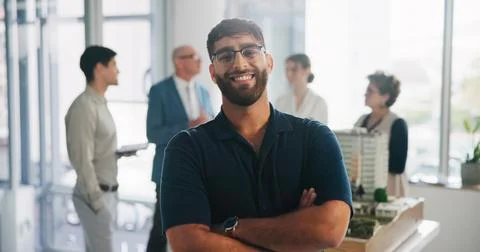 Property development, portrait or man in office with arms crossed, about us.. Stock Photos