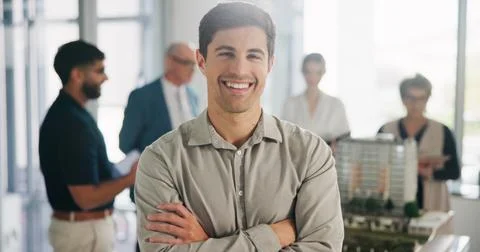 Property development, portrait or man in agency with arms crossed, about us.. Stock Photos
