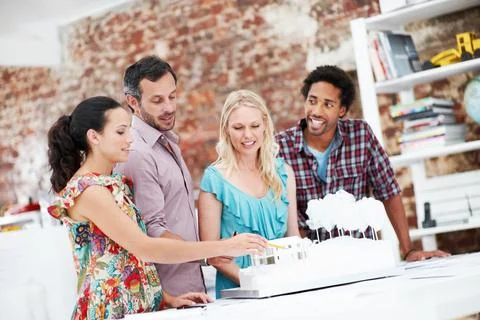Property development, review or team in office with model, collaboration or.. Stock Photos