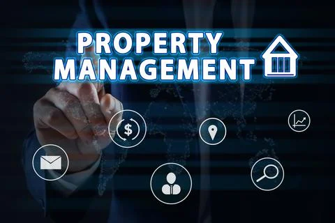 Property management concept. Man using virtual screen with icons, closeup Stock Photos