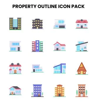 Property Outline Flat Vector Icons Pack Stock Illustration