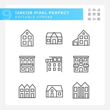 Property purchase pixel perfect linear icons set Stock Illustration