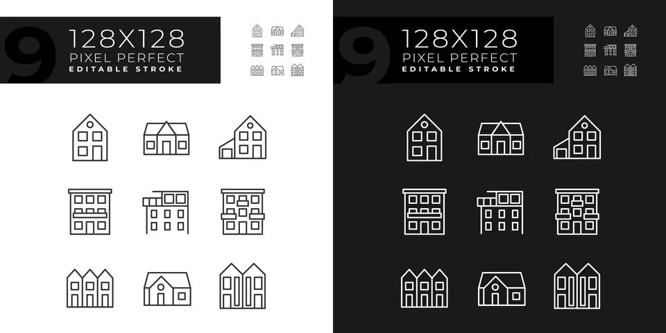 Property purchase pixel perfect linear icons set for dark, light mode Stock Illustration