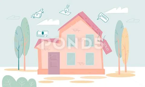 Property sale and rental concept - sold house on landscape background. Stock Illustrationen