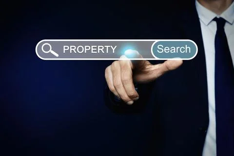 Property search concept. Man using virtual screen with search bar, closeup Stock Photos
